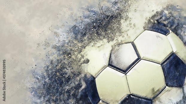 Bild på Soccer ball with particles illustration combined pencil sketch and watercolor sketch 3D illustration 3D CG High resolution